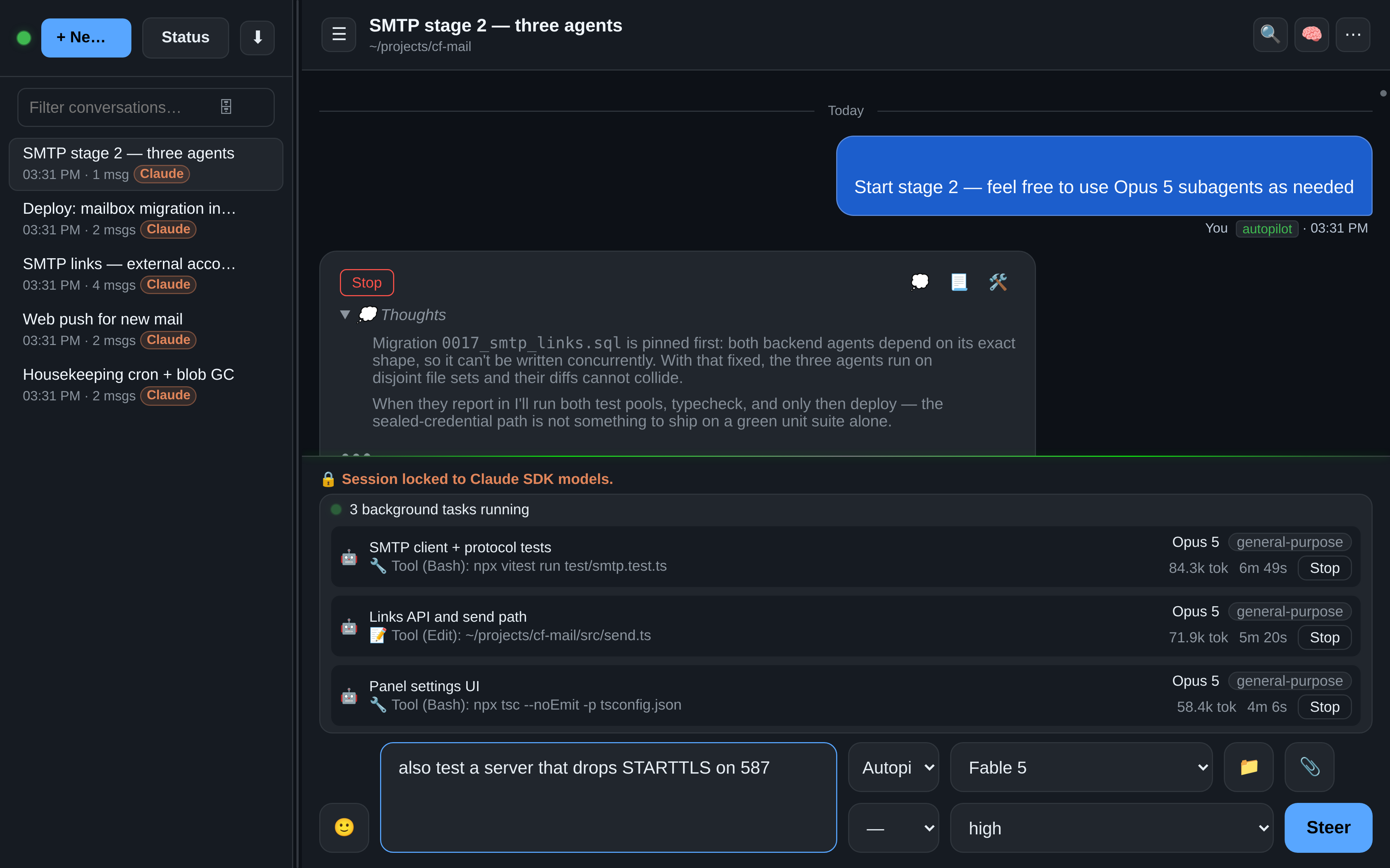 OAR showing a Claude session with three background subagents running in parallel on the SMTP client, the API and send path, and the settings UI — each with live token counts, elapsed time, and Stop buttons
