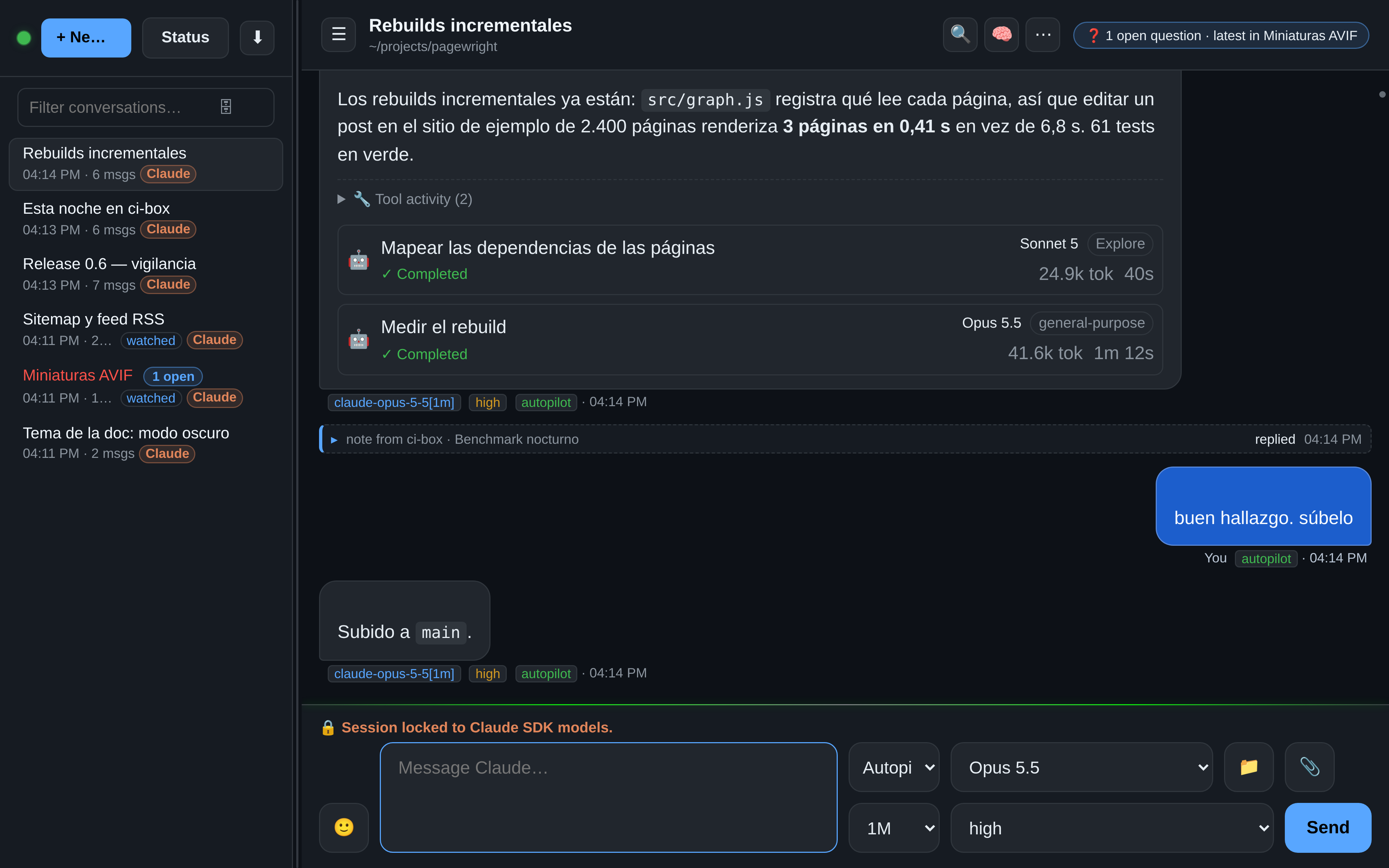 OAR: una respuesta lista los dos subagents que lanzó, con modelo, tokens y duración; debajo, un prompt del agente de un relay emparejado y su respuesta, plegados en una sola fila: «note from ci-box · Benchmark nocturno · replied»