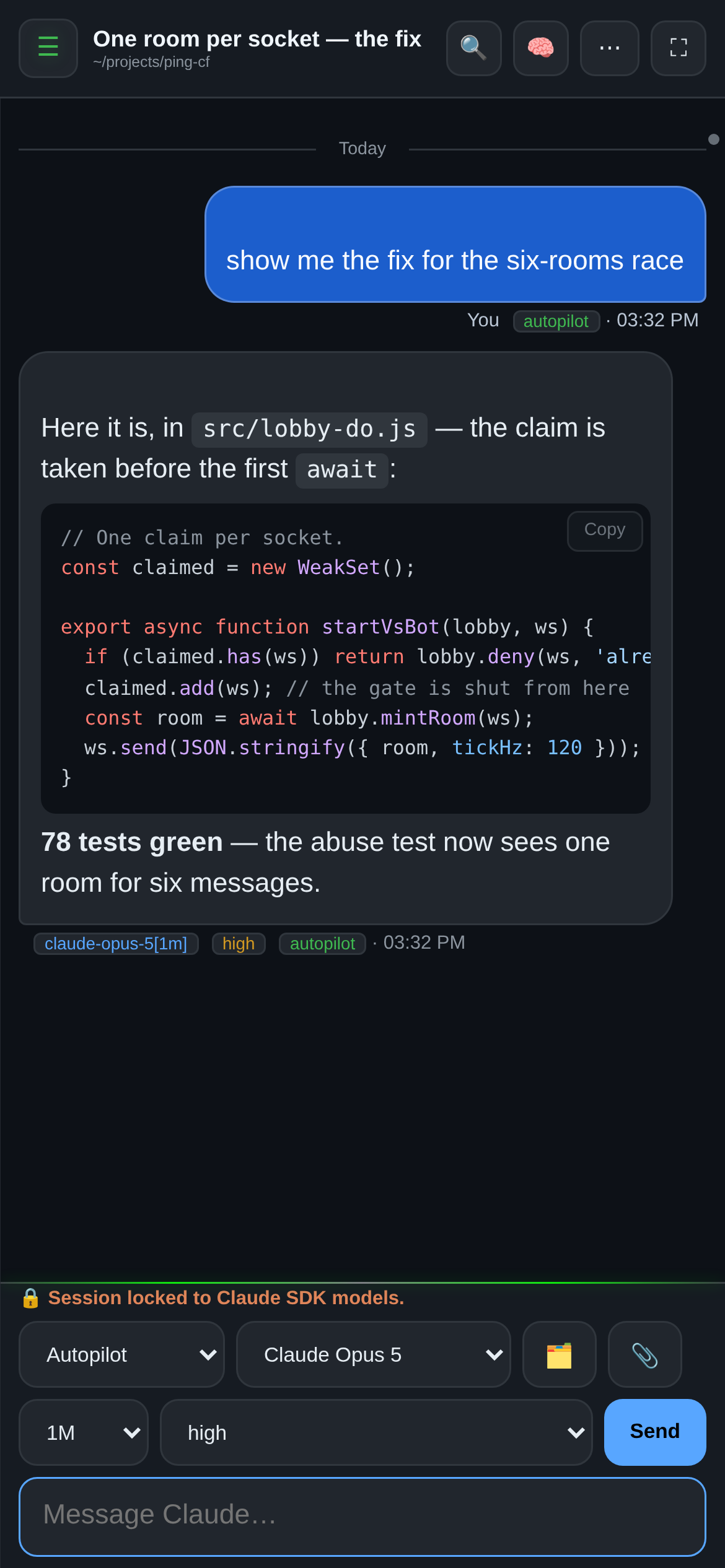 OAR on a phone in Night mode: the same reply with its code block