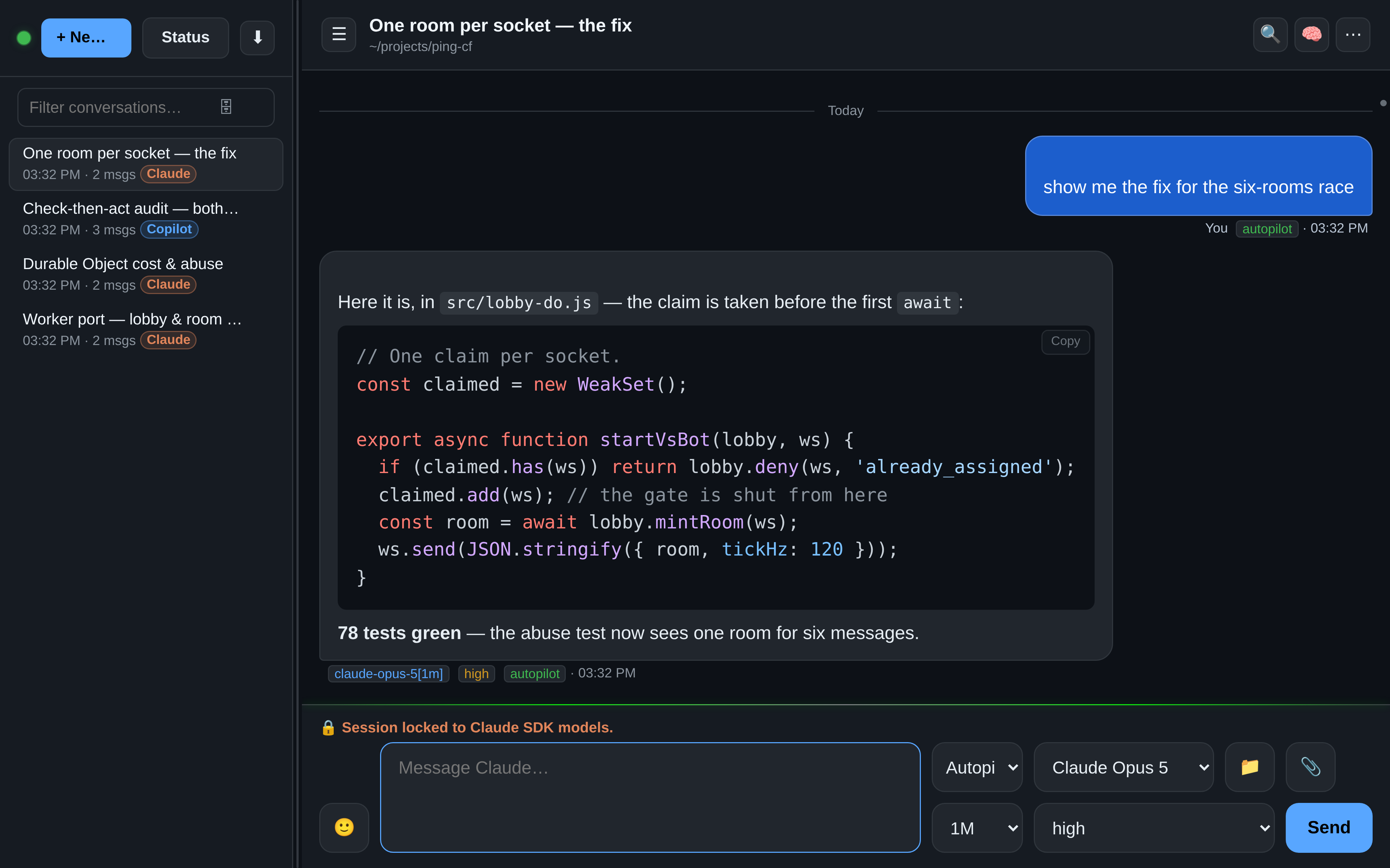 OAR desktop view of a reply with a syntax-coloured code block: the same screen in Day mode on the left and in Night mode on the right of a movable divider