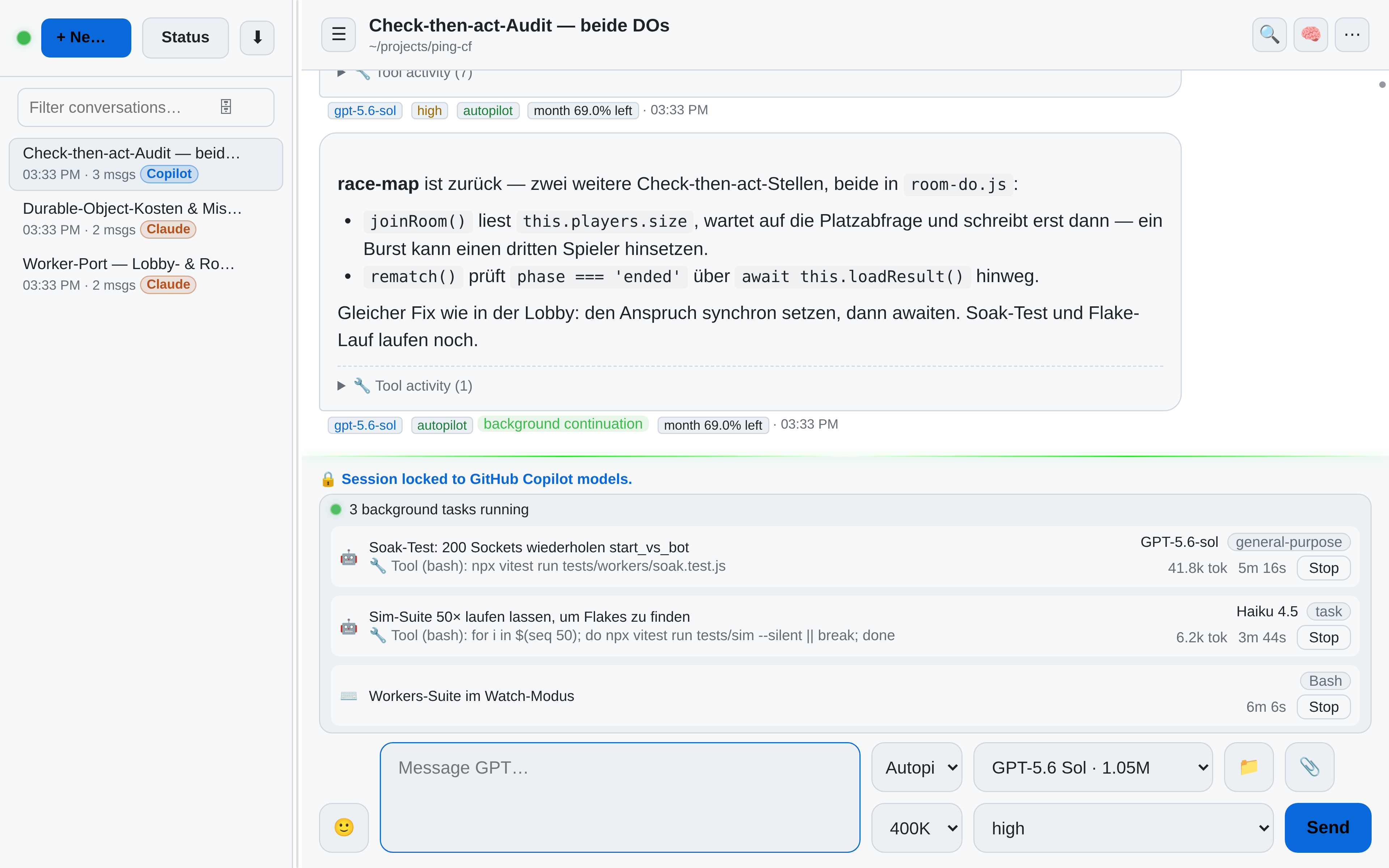 OAR mit Hintergrund-Tasks unter Copilot: zwei Hintergrund-Agents auf GPT-5.6-sol und Haiku 4.5 und eine beobachtete Bash-Shell, jeweils mit aktuellem Befehl, Token-Zähler, Laufzeit und Stop-Button, unter einer Antwort aus einem Hintergrund-Folgeturn