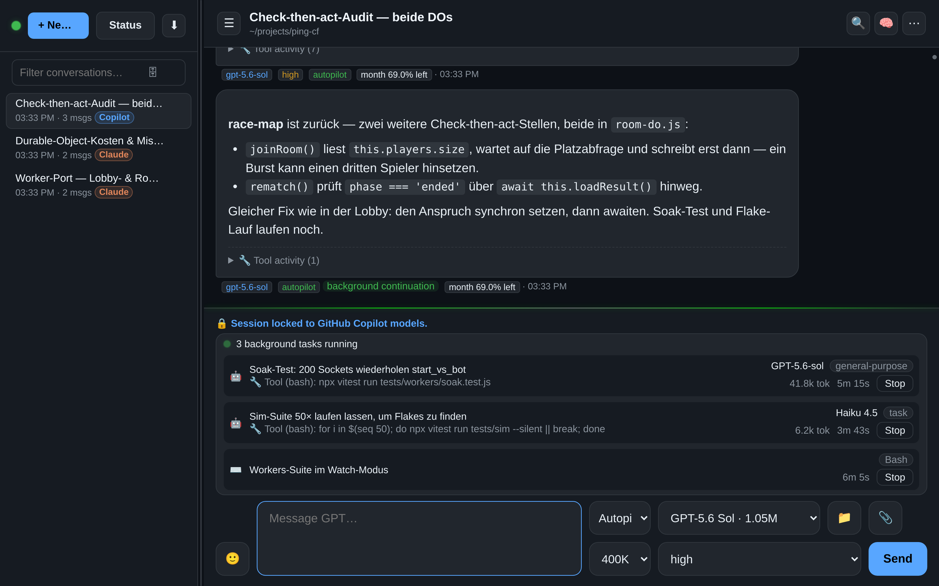 OAR mit Hintergrund-Tasks unter Copilot: zwei Hintergrund-Agents auf GPT-5.6-sol und Haiku 4.5 und eine beobachtete Bash-Shell, jeweils mit aktuellem Befehl, Token-Zähler, Laufzeit und Stop-Button, unter einer Antwort aus einem Hintergrund-Folgeturn