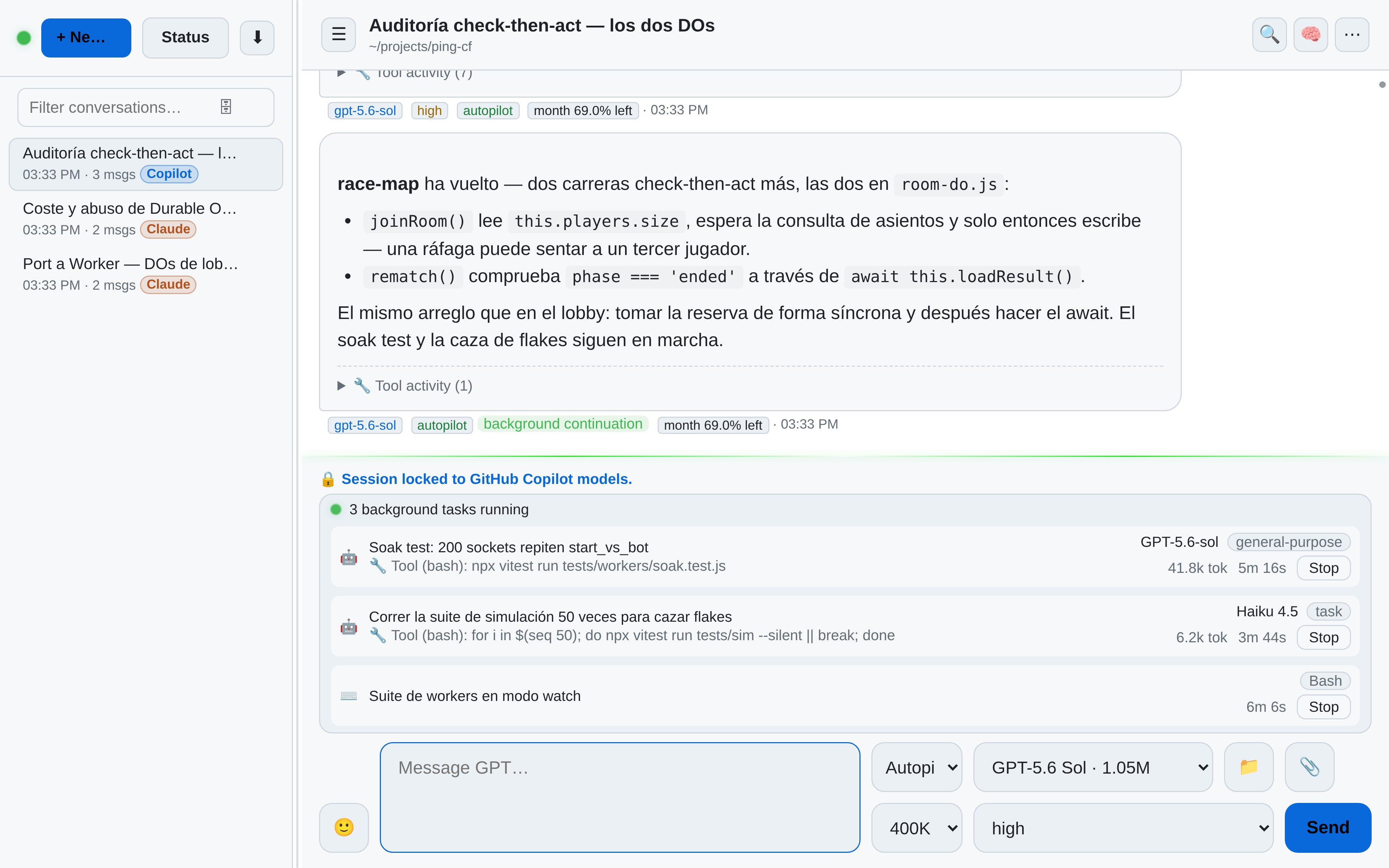 OAR con tareas en segundo plano de Copilot: dos agentes en segundo plano sobre GPT-5.6-sol y Haiku 4.5 y una shell de Bash vigilada, cada uno con su comando actual, contador de tokens, tiempo transcurrido y botón Stop, bajo una respuesta de continuación en segundo plano