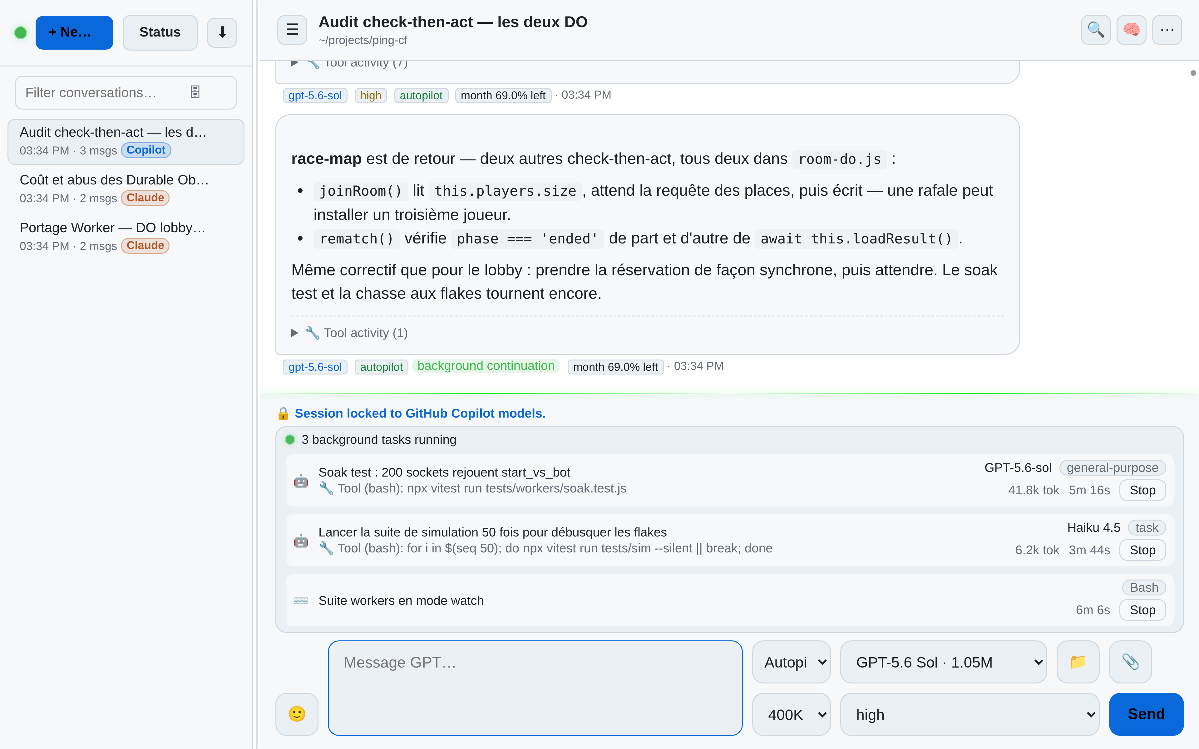 OAR avec des tâches de fond Copilot : deux agents en arrière-plan sur GPT-5.6-sol et Haiku 4.5 et un shell Bash surveillé, chacun avec sa commande en cours, son compteur de tokens, sa durée et son bouton Stop, sous une réponse de continuation en arrière-plan