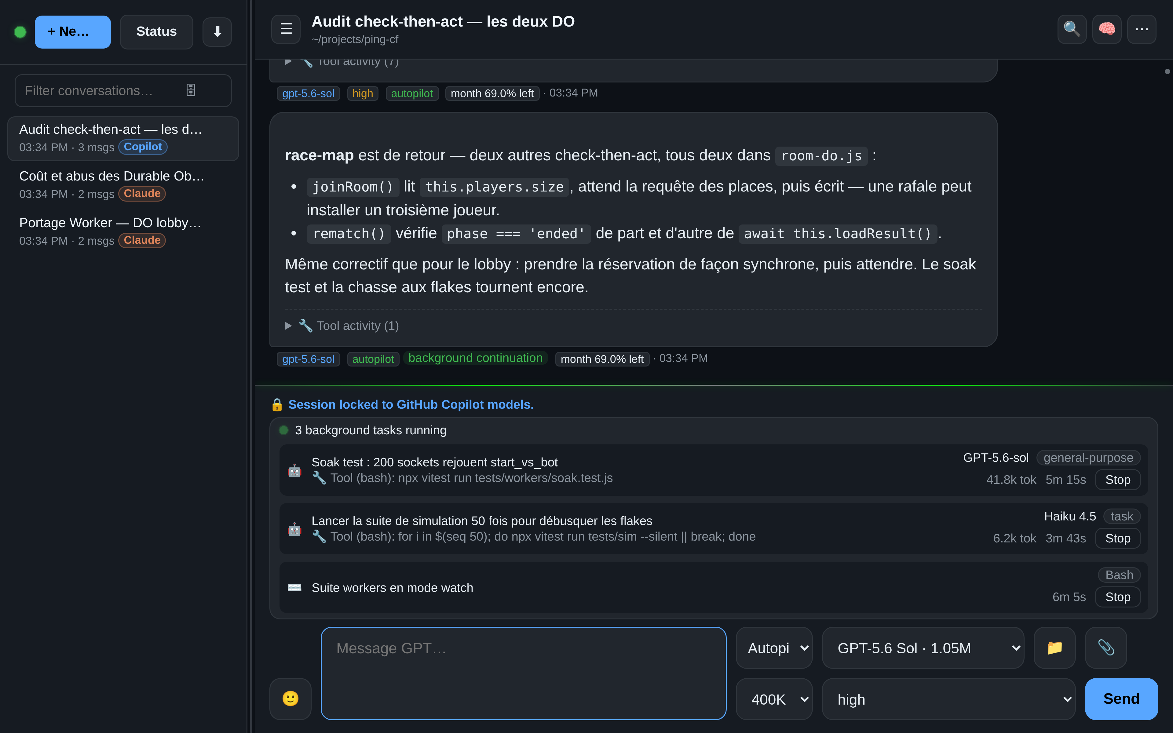 OAR avec des tâches de fond Copilot : deux agents en arrière-plan sur GPT-5.6-sol et Haiku 4.5 et un shell Bash surveillé, chacun avec sa commande en cours, son compteur de tokens, sa durée et son bouton Stop, sous une réponse de continuation en arrière-plan