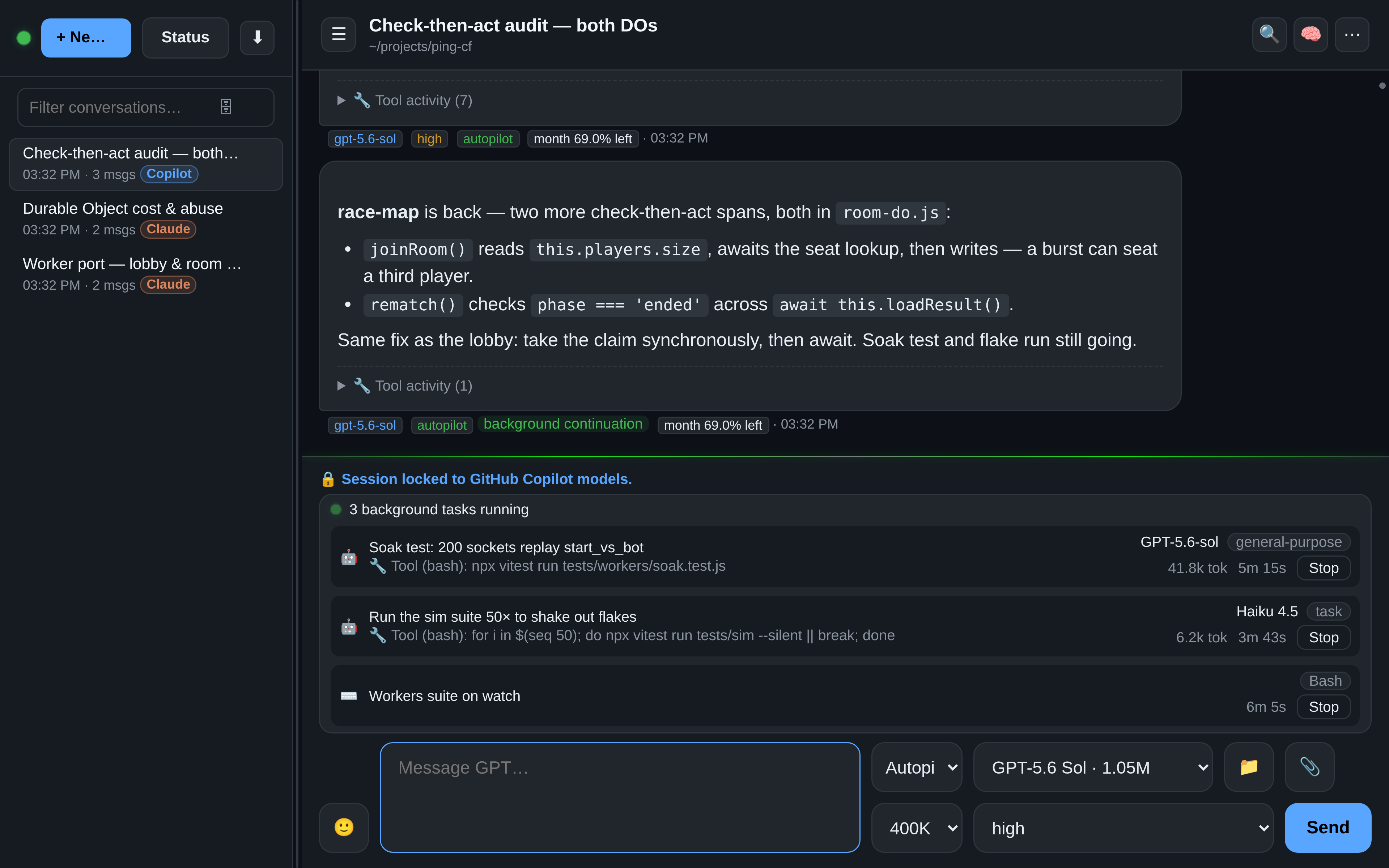 OAR running Copilot background tasks: two background agents on GPT-5.6-sol and Haiku 4.5 and a watched Bash shell, each with its live command, token count, elapsed time and Stop button, under a background continuation reply
